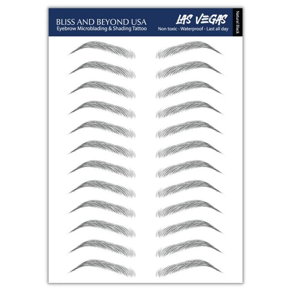 Bliss and Beyond USA | Waterproof Eyebrow Tattoo Stickers. A real hair stroke look. Hair replacement without surgery. Solution for hair loss. Bushy Tinted eyebrow tattoos. Natural Las Vegas in Black