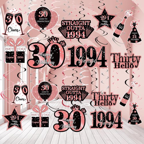 36PCS Rose Gold 30th Birthday Decorations Hanging Swirls for Women,Happy 30th Birthday Party Supplies Vintage 1994 Foil Swirls,Thirty Year Old Birthday Ceiling Hanging Decorations Party Favors Decor