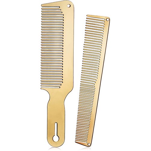2 Pieces Metal Comb Set Metal Barber Comb Stainless Steel Blending Comb Fine Styling Cutting Comb Flat Top Clipper Comb Metal Detangling Comb for Men Women Salon, 2 Styles (Gold)
