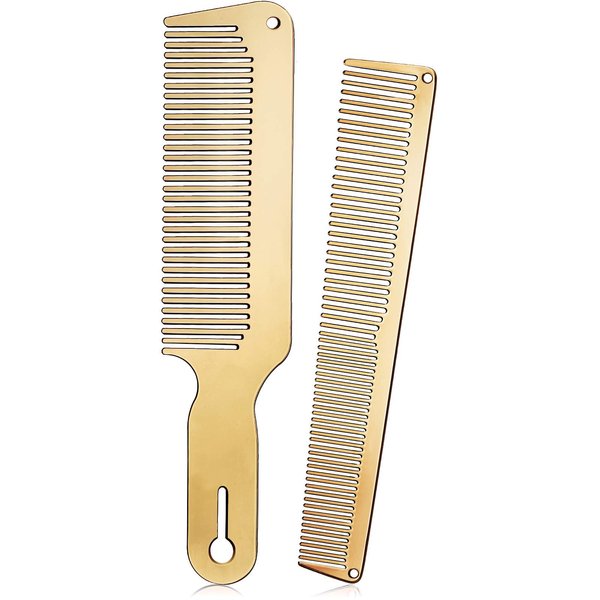 2 Pieces Metal Comb Set Metal Barber Comb Stainless Steel Blending Comb Fine Styling Cutting Comb Flat Top Clipper Comb Metal Detangling Comb for Men Women Salon, 2 Styles (Gold)