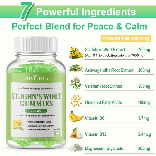 2 Pack St John's Wort Gummies 700mg, Natural Herbal Supplement for Adults & Kids, Support Calm, Relaxation & Brain Health, Vegan, Non-GMO, Gluten Free, Apple Flavor, 120 Count