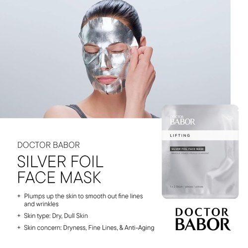 BABOR DOCTOR Lifting RX Silver Foil Mask, Hyaluronic Acid Sheet Mask Collagen Rebuilding and Protection Mask (4 Pack)