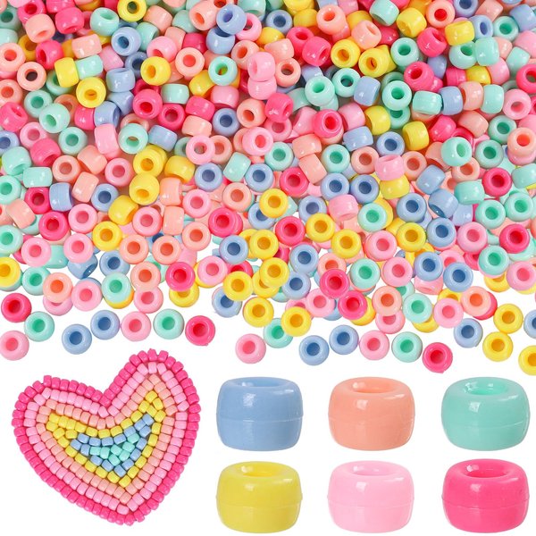Whaline 1000Pcs Valentine's Day Pony Beads Bulk with 100pcs Chenille Stems Pipe Cleaners Macaron Color Mixed Rainbow Pastel Perforated Craft Spacer Beads for Jewelry DIY Making Hair Braiding Supplies