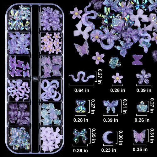 Kikonoke 2 Boxes 3D Flower Nail Charms Butterfly Bow Snake Rabbit Bear Shaped Nail Art Rhinestones Gems for DIY Nail Art Decoration Making Craft (Purple)