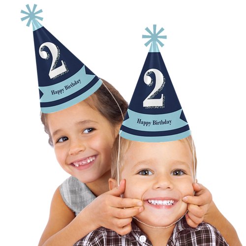2nd Birthday Boy - Two Much Fun - Cone Happy Second Birthday Party Hats for Kids and Adults - Set of 8 (Standard Size)