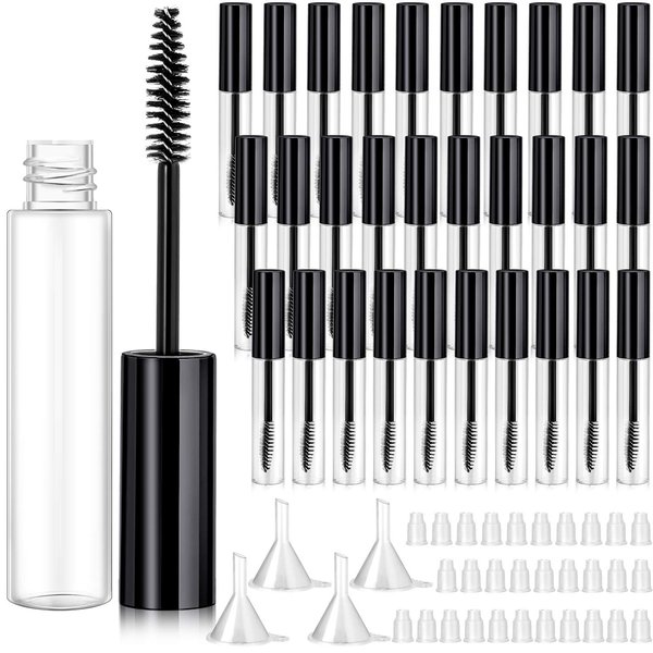 30 Pieces 10 ml Empty Mascara Tubes Eyelash Wand Refillable Clear Bottles Cream Container with 4 Pieces Transparent Funnels Transferring Castor Oil for DIY Cosmetics (Pink)