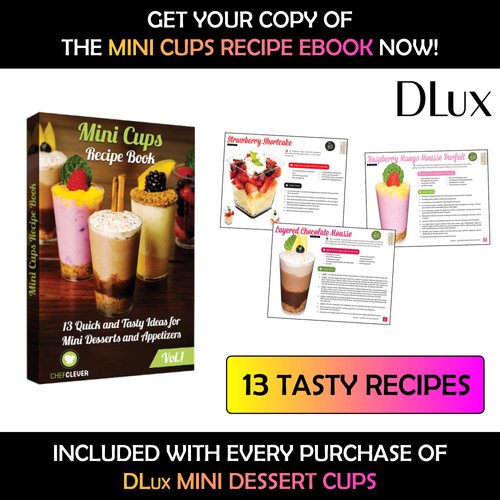 DLux 100 x 2oz Square Mini Dessert Cups (No spoons), Clear Plastic Parfait Appetizer Cup - Small Reusable Serving Bowl for Tasting Party Desserts Appetizers - With Recipe Ebook