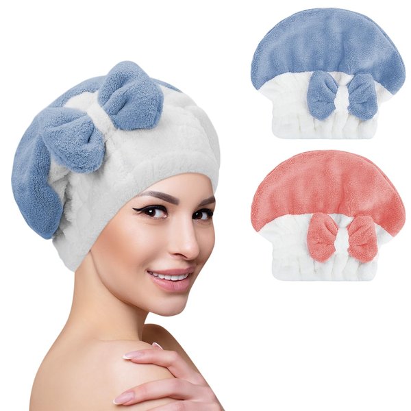 Unaone 2 Pack Microfiber Hair Drying Towels, Super Absorbent Turban Hair Towel Cap, Quick Dry Head wrap with Bow-Knot Shower Cap for for Curly, Long, Thick Hair & Wet Hair (Light Blue & Light Red)