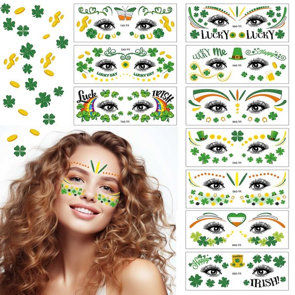 HokiiS 10Pack St. Patrick's Day Temporary Face Tattoos, Shamrock Green Face Tattoo Stickers Ireland Tattoos for St. Patrick's Day Irish Parade and Celebration Party Favor Decoration Supplies