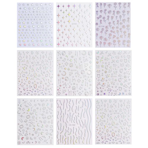 9 Sheets Aurora Holographic Nail Art Stickers Decals Self-Adhesive Pegatinas Uñas Stars Moon Glitter Nail Supplies Nail Art Design Decoration Accessories