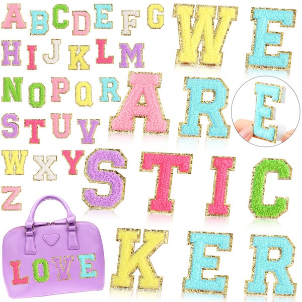WILLBOND 52 Pieces Chenille Letter Patches Self Adhesive 2 Sets of A-Z Letter Patches Sticker with Gold Glitter for Backpacks Hat Clothes Notebook(Multicolor)