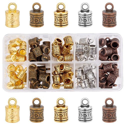 PH PandaHall 100pcs Cord Ends Leather Tassel Cap 5 Color Barrel Alloy Leather Cord Ends Cord Link Buckle Glue-in End Cap for Kumihimo Barrel and Jewelry Making (16x9mm, 6.5mm Inner Diameter)