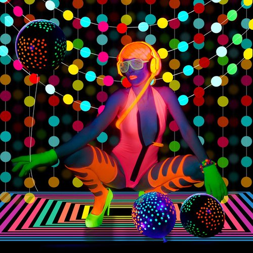 Glow in the Dark Party Supplies Glow Neon Party Supply Set, 98.4 ft 6 Rolls Blacklight Luminous Tape 14.4 ft Neon Streamer Garland 25 Pcs Fluorescent Balloon Decoration(Bright Dot)