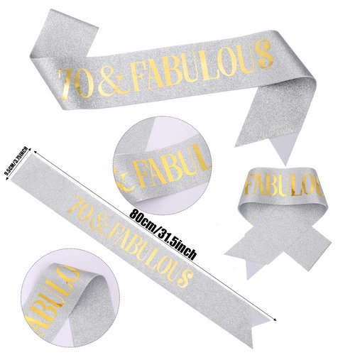 Sliver Gold "70 & Fabulous"Sash & Rhinestone Tiara Set, 70th Birthday Gifts for Women, Birthday Sash/Tiara for Women's 70th Birthday Party Decoration (Sliver 70th)