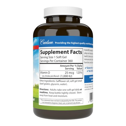 Carlson - Vitamin D3, 1000 IU (25 mcg), Bone Health, Muscle Health, Cholecalciferol, Vitamin D Supplements, Vitamin D3 Soft Gels, 360 Softgels