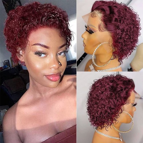 Junoda Pixie Cut Lace Front Wigs Human Hair 13x1 Short Curly Bob Human Hair Wigs for Black Women Burgundy Color 6 Inch