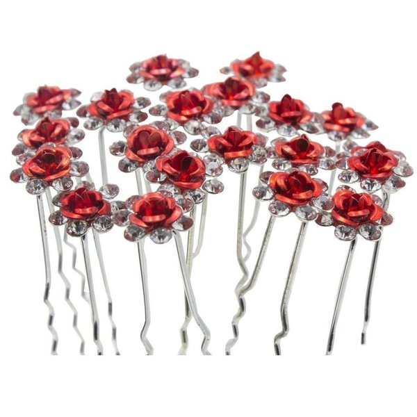 20pcs Crystal Rose Flower Wedding Bridal Hair Clips Pins Bridesmaid Jewelry Hair Accessories for Women Party Banquet, Red