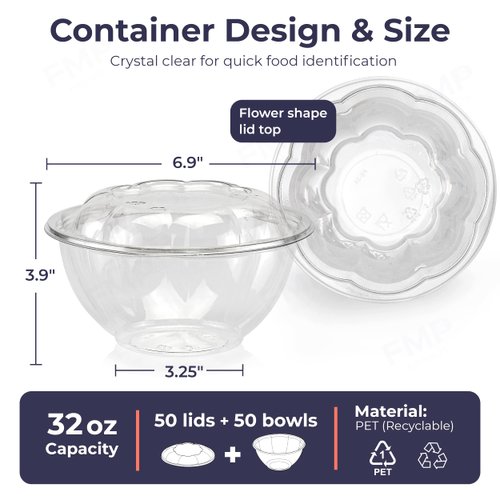 Fit Meal Prep 150 Pack 32 oz Clear Plastic Salad Bowls with Airtight Lids, Disposable To Go Salad Containers for Lunch, Meal, Party, BPA Free Clear Bowl for Acai, Green Salad, Fruits, Nuts