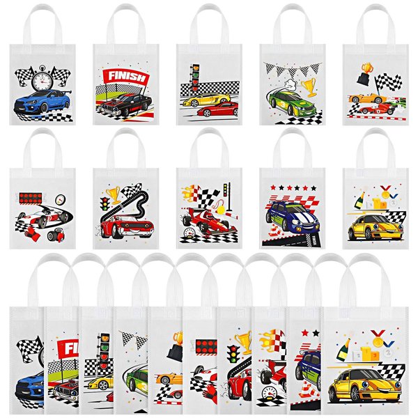 Ferraycle 30 Pcs Race Car Party Gifts Bags Race Car Birthday Party Supplies Race Car Party Favors Racing Candy Treats Bags with Handle Cars Theme Birthday Christmas Party Decorations (White)