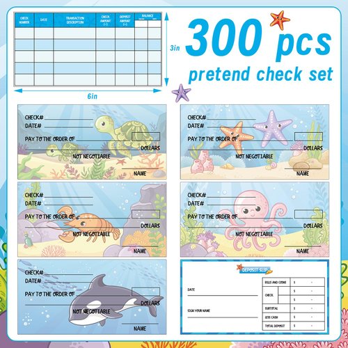 Trandraft 300 Sheets Fake Checkbook Learning with Pretend Deposit Slip and Check Register Pretend Play, School Supplies, Ocean Themed