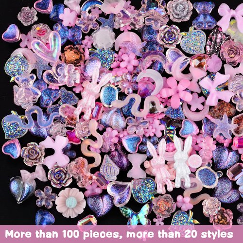Kikonoke 100 Pieces 3D Resin Butterfly Bear Nail Charms Rose Flower Peach Skirt Bow Deer Snake Rabbit Animal Shaped Rhinestones Pearls for DIY Nail Art Decoration Making Craft (Pink)