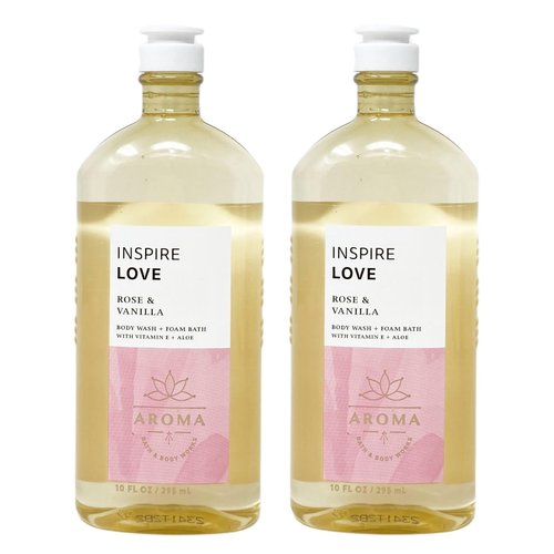 Bath and Body Work Aroma Inspire Love ROSE & VANILLA Full Size Body Wash + Foam Bath Bundle - Lot of 2