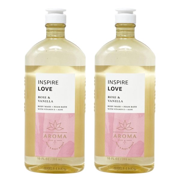Bath and Body Work Aroma Inspire Love ROSE & VANILLA Full Size Body Wash + Foam Bath Bundle - Lot of 2