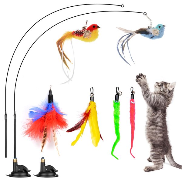 Oziral Cat Feather Toys, 10PCS Cat Toys with Super Suction Cup, Detachable 2PCS Cat Wand Toys & 6PCS Replacement Teaser Refills with Bell, Interactive Cat Toy for Indoor Cats Kitten Play Exercise