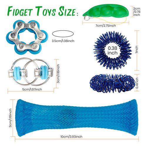 Sensory Fidget Toy 10 Set Roller Bike Chain Fidget Spinner and Marble Fidget Stress Pea Pod Stress Relief Tools, Spiky Sensory Finger Rings for Kids and Adults with Attention Disorder