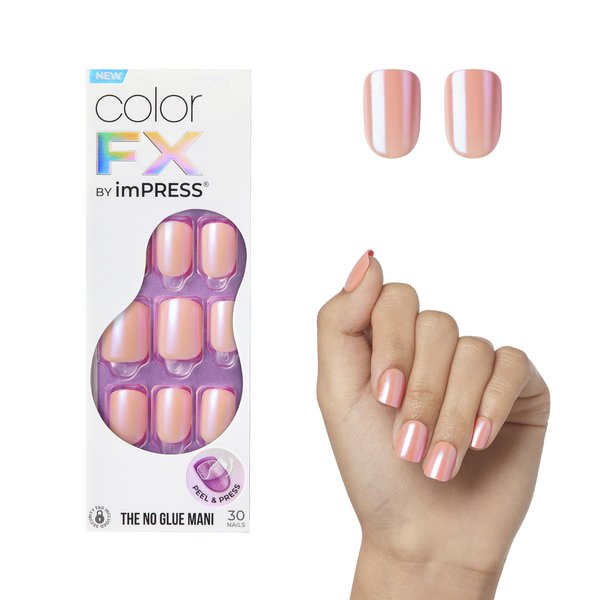 KISS imPRESS No Glue Mani Press-On Nails, Color FX, Satellite', Light Pink, Short Size, Squoval Shape, Includes 30 Nails, Prep Pad, Instructions Sheet, 1 Manicure Stick, 1 Mini File