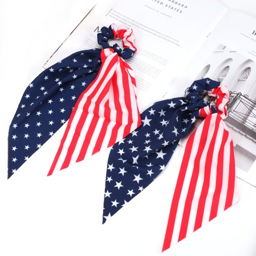 American Flag Hair Ties for Woman Girls Red White and Blue Ribbon Hair Scrunchies Elastic Patriotic 4th of July Hair Tie Independence Day Memorial Day Party Supplies Hair Accessories 2PCS