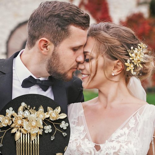 5 Pieces Gold Leaf Hair Pins Flower Pearl Hair Forks Bridal Hair Clips Headpiece Vintage Wedding Hair Accessories for Women Girls Brides Bridesmaids Flower Girls(Elegant)