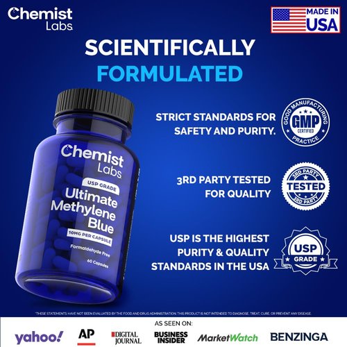 Chemist Labs Methylene Blue Capsules for Humans - USP Grade 99% Purity, Methylene Blue Pharmaceutical Grade, Third Party Tested, Supports Cellular & Mitochondrial Function, Made in USA, 60 Count