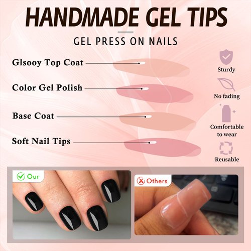 Bellelfin 240Pcs Square Press on Nails Short, Glossy Round Black Fake Nails Full Cover Glue on False Nails Solid Color Acrylic Nail Press ons for Women Girls Artificial Fingernails