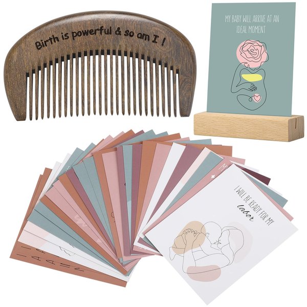 SiliFine New Mom Gifts Set 40 Affirmation and Pregnancy Cards with Wooden Engraved Labor Comb Encouragement New Moms Postpartum Gifts for Women After Birth Gender Reveal Neutral Present