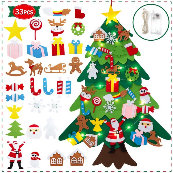 Airensky Felt Christmas Tree Set with String Lights, 3.2ft DIY Christmas Tree Set with 33 Pieces of Removable Christmas Ornament Decoration,for Kids Toddlers Felt Craft Kits for Xmas Gifts，Patchwork