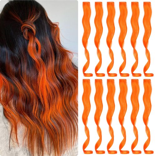 Fanguilar Colored Hair Extensions 12 PCS 20 Inch Orange Clip in Hair Extensions Rainbow One Color Party Highlight Long Wavy Synthetic Hairpiece for Women Gifts Halloween Party