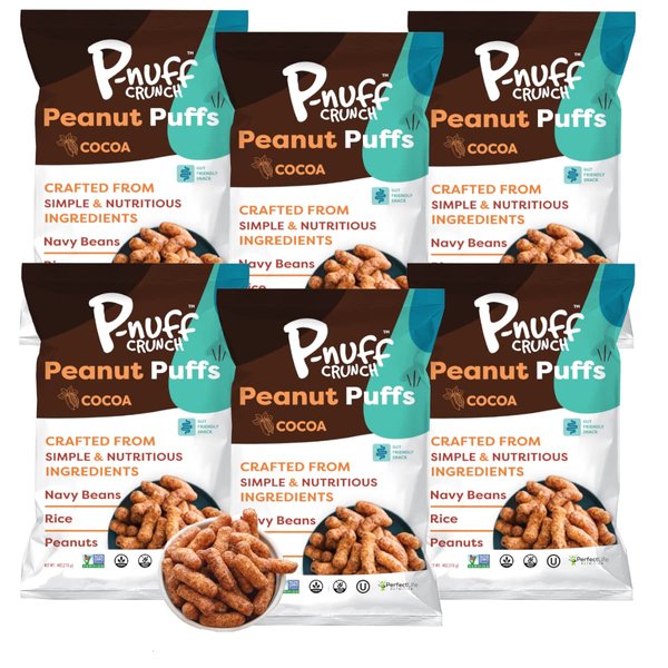 P-nuff Crunch Peanut Puffs – Shark Tank, Healthy Snacks, Keto, Gluten Free, 20g Vegan Protein per Bag, Gut Health, Low FODMAP, Fit Snacks, For Adults and Kids – 4oz Bag, Cocoa 6-Pack