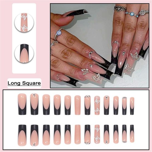 DOCVOEOMH Black Press on Nails Long Square Rhinestones Acrylic Fake Nails with 3D Alloy Butterfly Design Glue on Glossy Full Cover Artificial Gel False Stick on Nail for Girls Women Wedding 24Pcs
