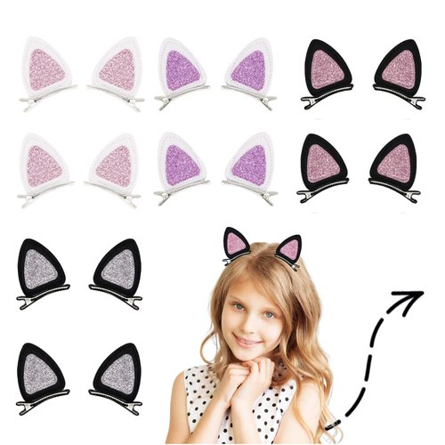 16 Pcs Cat Ears Hair Clips for Girls Cat Themed, Toddlers Animal Hair Pins Glitter Accessories for Girls Hair Clips Kids Easter Halloween Costume Party Supplies