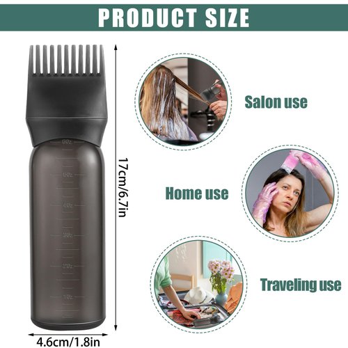 Pimoys Root Comb Applicator Bottle 6 Ounce, Oil Applicator for Hair Dye, Hair Oiling Bottle Brush with Graduated Scale, Black