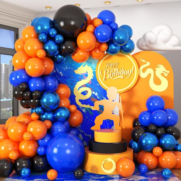 HILAVO Orange Blue Black Balloons Garland Arch Kit 112 Pcs Royal Navy Blue Black Orange Latex Helium Balloon for Anime Cartoon Baby Shower Birthday Graduation Engagement Party Decorations Supplies