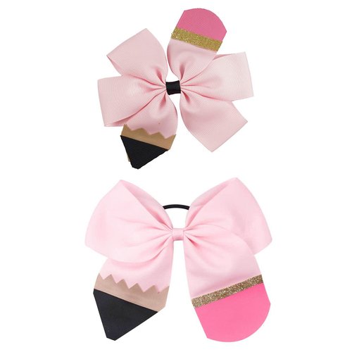 School Bow Cheer Bow Clip, Back to School Hair Bow Ponytail Holder, Pencil Girls Hair Clips ZFJ26 (Pink Set)