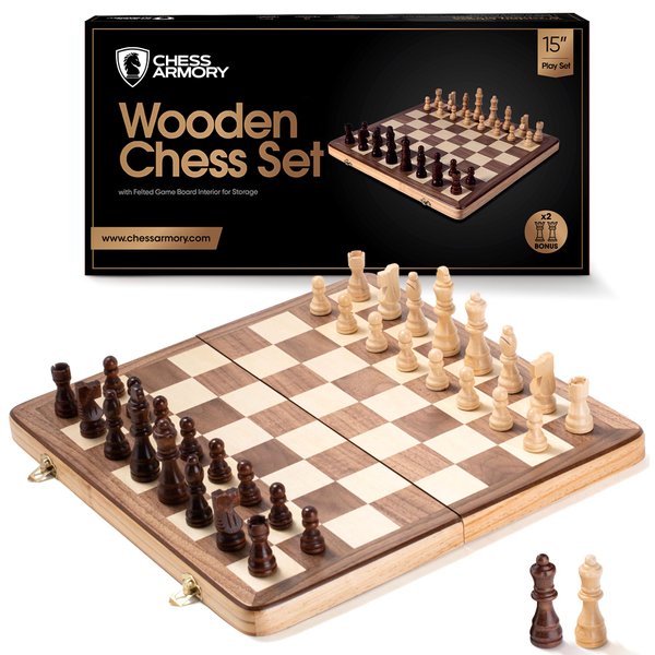 Chess Armory Wooden Chess Set 15 Inch Portable Travel Chess Board Game for Adults and Kids with Extra Queen Piece and Storage Box