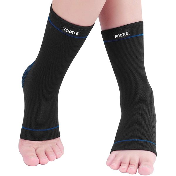Protle Soft Ankle Brace Compression Support Sleeve (Pair) for Injury Recovery, Pain Relief, Joint Pain, Achilles Tendon, Plantar Fasciitis Foot Socks, Reduce Swelling, Arch Support (Blue, Small)