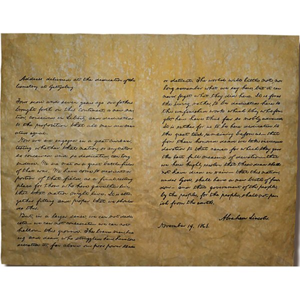 Our Amendments Gettysburg Address, Authentic Replica Printed on Antiqued Genuine Parchment. 14 X 11
