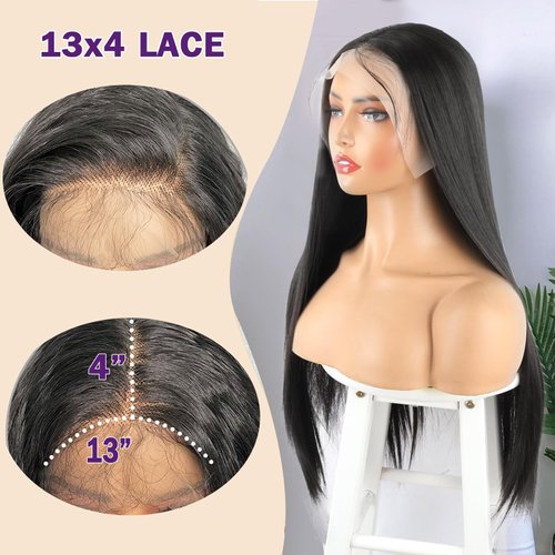 Mayouda 13X4 Lace Front Wig Pre Plucked HD Lace Synthetic Wigs For Black Women Beginner Friendly Long Black Straight Brazilian Heat Resistant Fibers Wigs (30Inch, Natural Black)