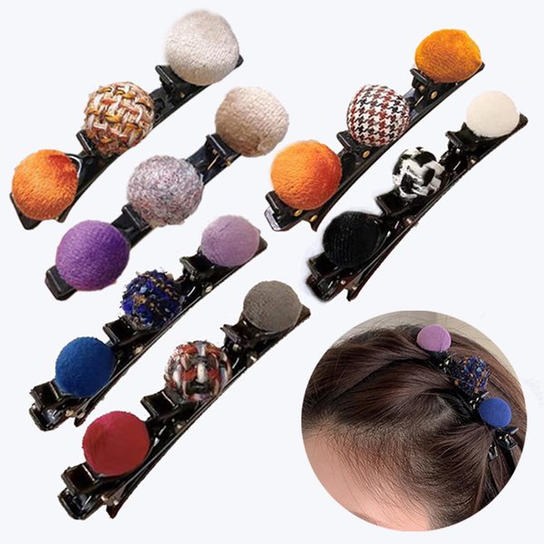 Colorful Pompom Braided Hair Clips for Women, Braided Hair Clip with 3 Small Clips, Hair Clips with Pompom,Hair Barrette(Pompom-6PCS)
