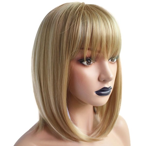 Anogol Hair Cap+Ombre Blonde Wig Women Blonde Bob Wig with Bangs Synthetic Hair Fringe Bob Wigs Short Natural Straight Wig For Halloween Cosplay Party Costume