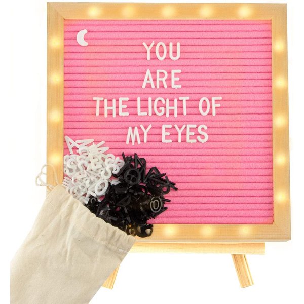 Pink Felt Letter Board Sign with LED Lights- 10in × 10in Changeable Message Board with Wood Frame 500 Pre-Cut Letters Tripod Stand Wall Mount Hanger for Birthday Housewarming Gifts Party Home Decor